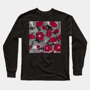 Red peonies on a gray linen structure Long Sleeve T-Shirt